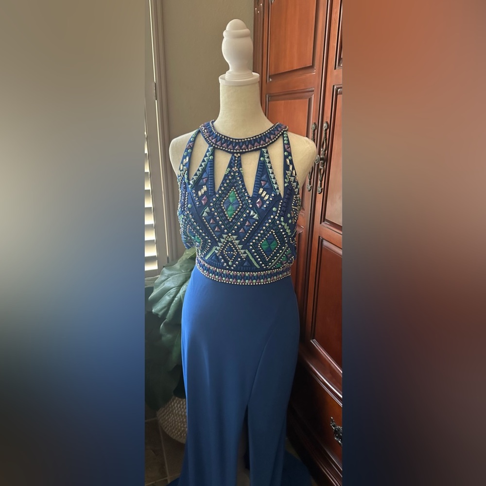 Blue Jersey Prom Gown with slit and open back Mac Duggal